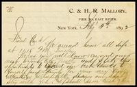 H.D.L. Jackson, on C. & H.R. Mallory in N.Y. notepaper, to Clarke [Will]