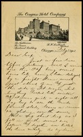 Mate [Charles Linkins], on The Congress Hotel in Chicago notepaper, to Cap. [Will Clarke]