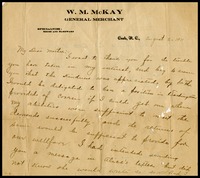William McKay, on W.M. McKay, General Merchant in Coat, N.C. letterhead to his mother in-law, Sarah Clarke
