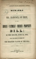 Remarks of Mr. Babcock, of Erie, on the Roman Catholic Church property bill: : in the Senate, June 24, 1853, upon the motion to strike out the enacting clause of the bill.