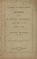 In memory of Charles Sumner. Sermon preached at King's Chapel, Sunday, March 22, 1874