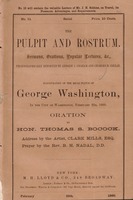 Inauguration of the Mills statue of George Washington : in the City of Washington, February 22d, 1860 oration by Hon. Thomas S. Bocock ; address by the artist, Clark Mills, Esq. ; prayer by the Rev. B.H. Nadal, D.D.